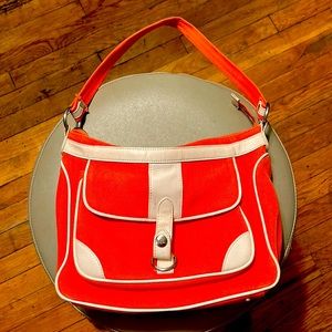 Mark Jacobs leather and canvas shoulder bag in salmon color.